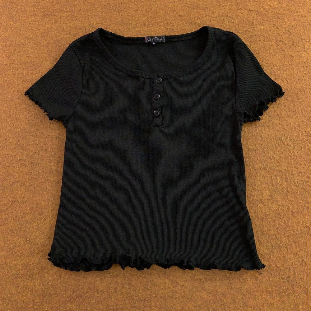 Splash Womens Medium Black Ribbed Lettuce Edge Henley T-Shirt New